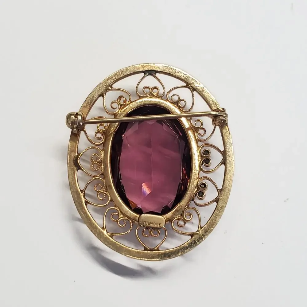 Vintage Catamore 1/20 12K G.F.  Purple Amethyst Glass Gold-filled Filgree Brooch
